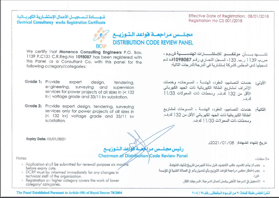 Monenco Registeration with Distribution Code Review Panel in Oman